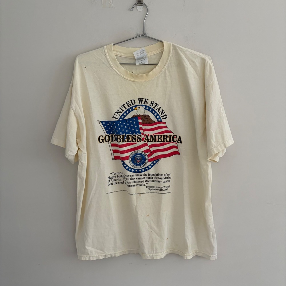 Vintage Gildan God Bless America 9/11 Memorial T Shirt XL Cream George W Bush